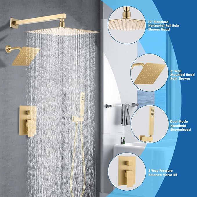 12" Shower Faucet Set Rain Shower System with 6" Wall Mounted Head Full Body Luxury Rain Shower System Rainfall Shower Head with Handheld Combo,3 Way Pressure Balance Valve Kit,Brushed Gold
