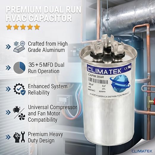 ClimaTek 35 + 5 MFD 370/440 Volt Dual Run Capacitor CAP99-3554R | 35/5 VAC | - Image 5