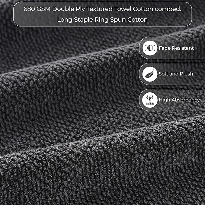 6 Piece Towel Set, 680 GSM 100% Cotton, Premium Quality - 2 Bath Towels, 2 Hand Towels, 2 Wash Cloths-Ultra Soft, Super Absorbent Popcorn Textured Weaved for Home, Spa, Hotels, Bathroom - Charcoal