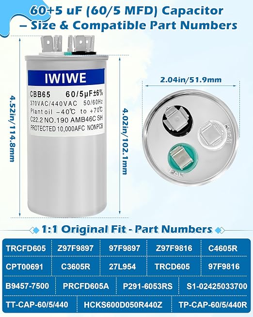 IWIWE 60+5 uF ±5% 370/440VAC CBB65/CBB65B Dual Run A/C Capacitor - Image 2