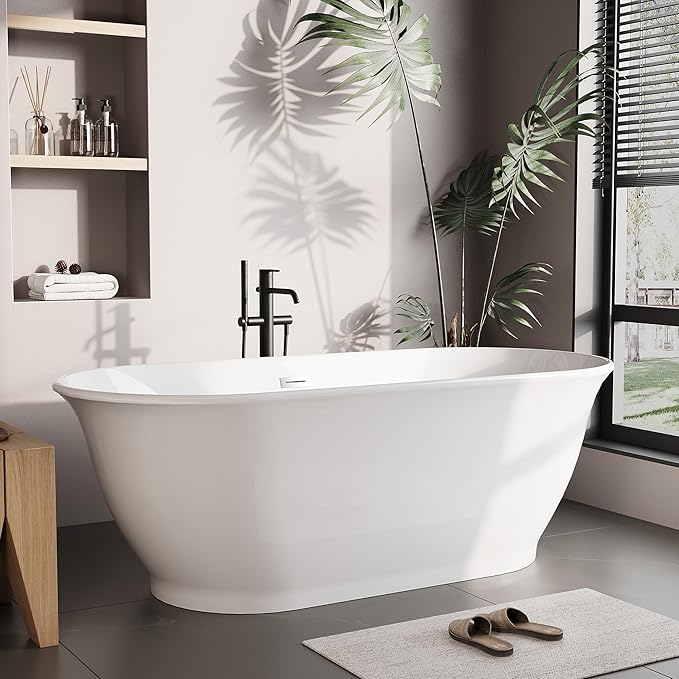 67'' Free Standing Tub, Modern Soaking Bathtub with Matte Black Drain and Overflow, Acrylic, Glossy White cUPC Certified Ergonomic Bath Tub