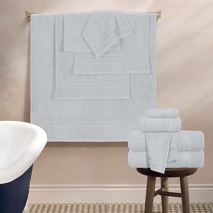 Belizzi Home 100% Cotton Towel Set, Contains 6 Soft Bath Towel, 6 Hand Towels, 12 Wash Cloths - Compact Absorbent Lightweight & Quickdry Towels for Bathroom - 24 Piece Bathroom Towel Set - Light Grey