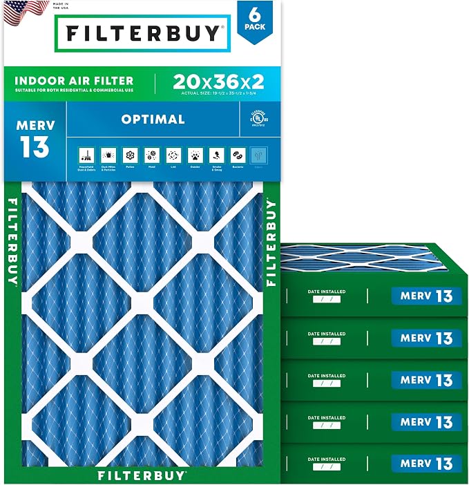 Filterbuy 20x36x2 Air Filter MERV 13 Optimal Smoke & Allergy Defense, by Filterbuy