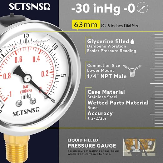 2-1/2" Dial Size, -30 inHg-0 Pressure Gauge, Glycerin Liquid Filled, 1/4" NPT - Image 2