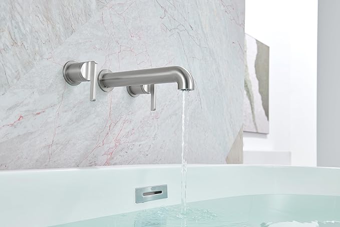 SITGES Solid Brass Wall Mount Tub Filler, 10" Long Spout Reach Wall Mount Bathtub Faucet with Two Lever Handles, High-End Design, High Flow Bathtub Faucet with Rough-in Valve Included,Brushed Nickel