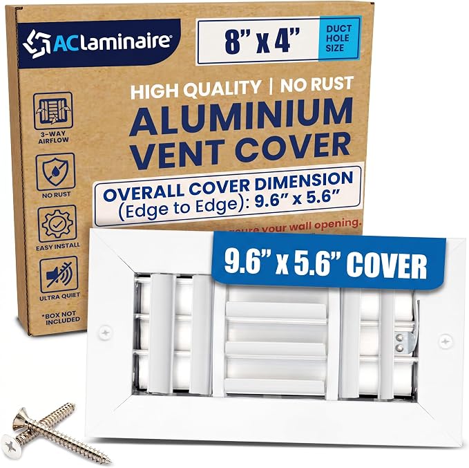 Aluminum 8x4 Inch Duct Opening 3-Way HVAC Vent Cover Wall or Ceiling Register by ACLAMINAIRE