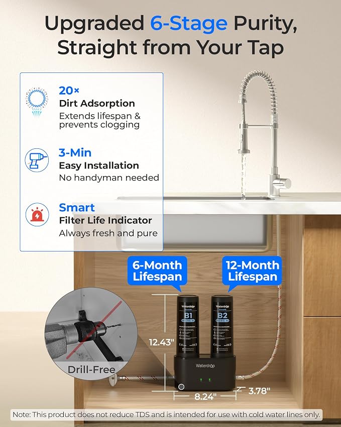 Waterdrop DLA Under Sink Water Filter, No Drilling Required, Bad Taste/Odor - Image 2