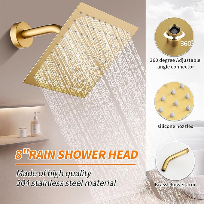Brushed Gold Shower Faucet Single Function Trim Kit with Rough-in Valve Set Bath Rainfall Shower System 8inch Square Stainless Steel Metal Shower Head