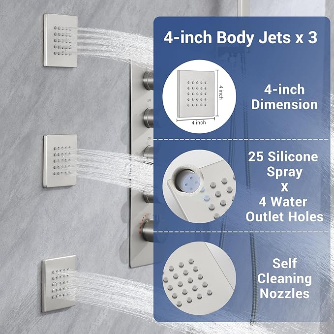 Thermostatic Dual Shower Heads System with 4-Inch Body Jets, Ceiling 16" Rainfall & Wall Mount 6" Shower Head, Luxury Brushed Nickel Shower Faucet Set with Handheld Sprayer for 2-Person/Tandem Shower
