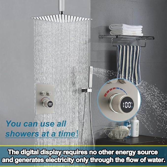 Digital Display Shower System Set 16 Inches Rain Fall Head Temperature Valve Shower Handheld Shower Head Sets for Bathroom Concealed Installation