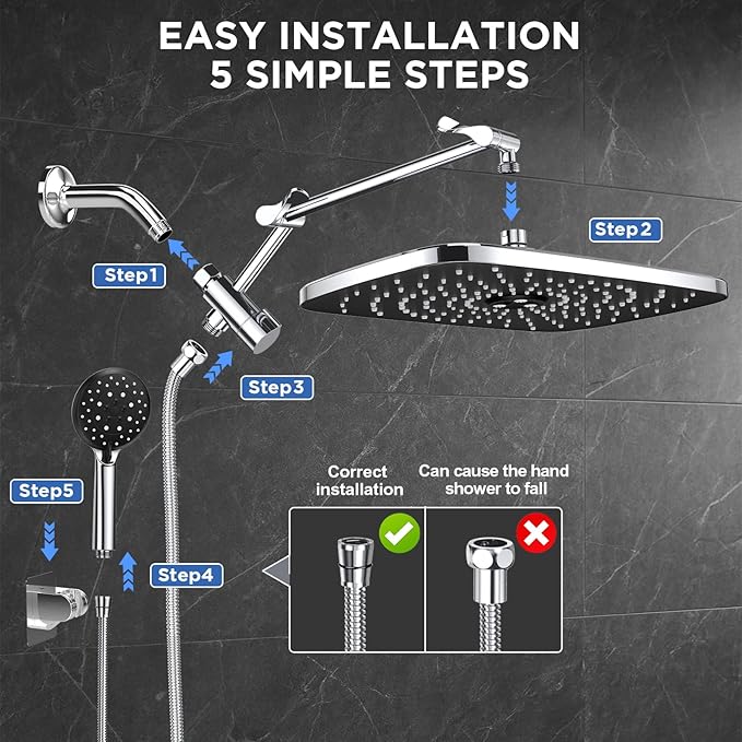 Veken 14" Wide Rain Shower Head with Handheld, High Pressure Handheld Shower Heads with Multi Spray Modes, Rainfall Combo with Metal Extension Arm,Detachable Dual Shower, Extra Long Hose,Silver Chrome