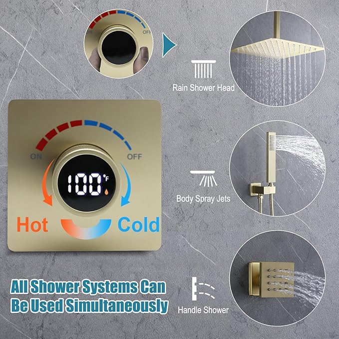 Concealed LED Digital Display Shower Diverter Valve Shower Mixing Valve Single Way Can Use All the Time Brushed Gold