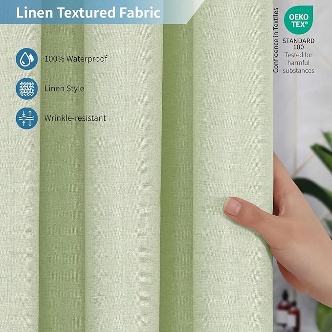 2-in-1 Waterproof Long Fabric Shower Curtain or Liner,Linen Textured,78 Inch Breathable TPU & Washable Bathroom Shower Curtain Set with 12 Plastic Hooks,Modern,72"x78",Green