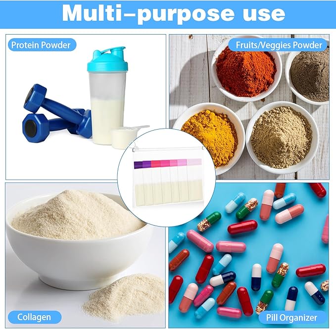 67pcs Protein Powder Travel Container Set 42 Single Dose Bags 6 Large Reusable Supplement Containers Portable Zip Pouches with Funnels Spoons Labels for Travel Gym Bath Salts Storage(Pink Purple)