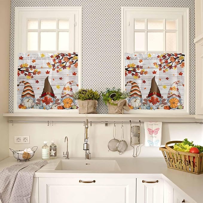 Fall Gnomes Kitchen Curtain Set, Thanksgiving Maple Leaf Grey Wood Grain Window - Image 4