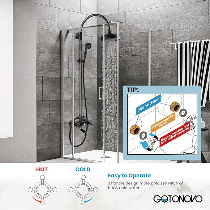 gotonovo Exposed Bathroom Shower System Classic Shower Kit 8 Inch Luxurious Rainfall Shower Head Handheld Spray Tub Filler Brass Pipe 3-Function Wall Mount Double Cross Knobs Oil Rubbed Bronze