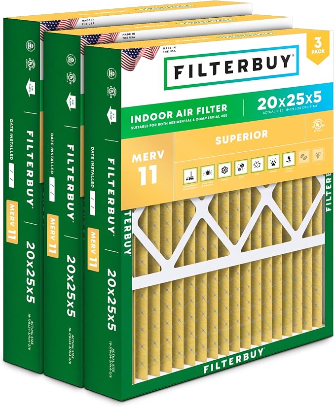 Filterbuy 20x25x5 Air Filter MERV 11 Superior Pet & Allergy Defense, Pleated by Filterbuy