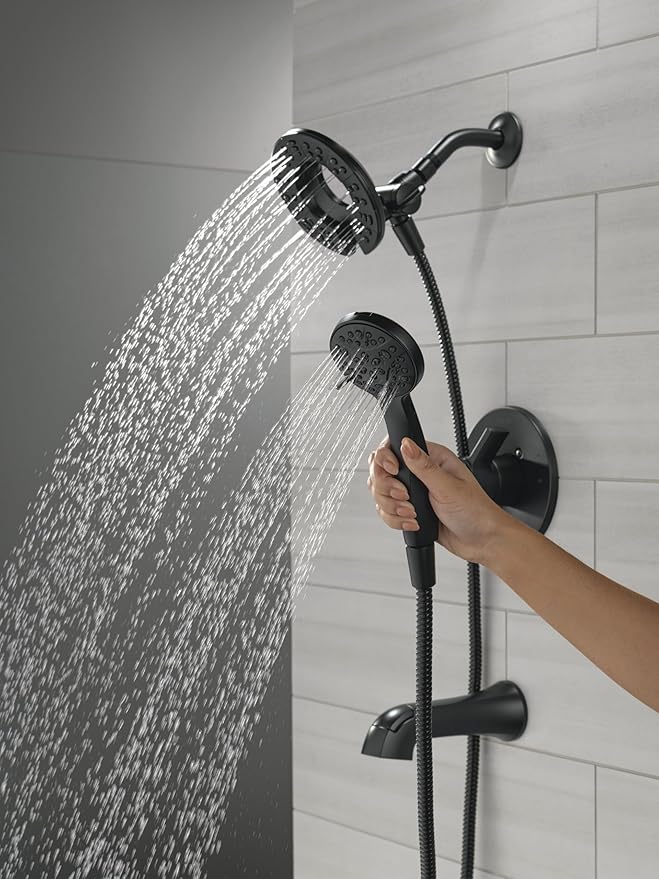 Delta Faucet Albion 14 Series Single-Handle Tub and Shower Faucet Set, Black Shower Trim Kit with 4-Setting In2ition 2-in-1 Dual Hand Held Shower Head, Matte Black T144855-BL-I (Valve Not Included)