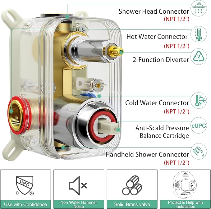 SR SUN RISE Shower Faucet - 12 Inch Multifunctional High Pressure Shower Head System with Handheld Shower Head Fixtures - Valve Included - Polished Chrome