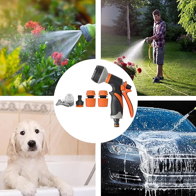 Hose Nozzle - Water Spray Attachment, 8 Adjustable Watering Patterns with Comfortable Grip, Durable Design with Easy Use, Garden and Car Accessory for Washing Vehicles, Showering Pets