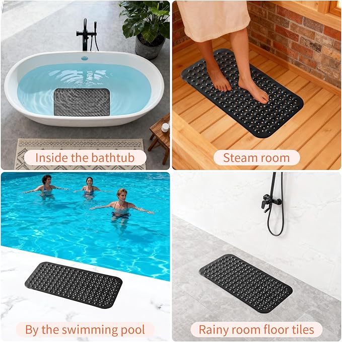 Anti-Slip Bathtub Shower mat, 27.5×14.5（Approximately 70×37cm） inch Soft Oversized Machine Washable Non-Slip Bathtub mat with Drainage Holes, Bathroom Floor Suction Cup.（1-Opaque Black）