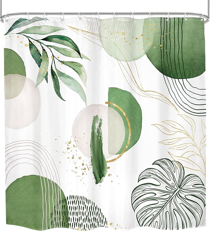 Green Boho Shower Curtain 72Wx72H Mid Century Modern Abstract Gold Olive Tropical Palm Leaves Plant Geometric Bathroom Decor Minimalist Bohemian Bath Curtain Fabric Polyester 12 Pack Hooks
