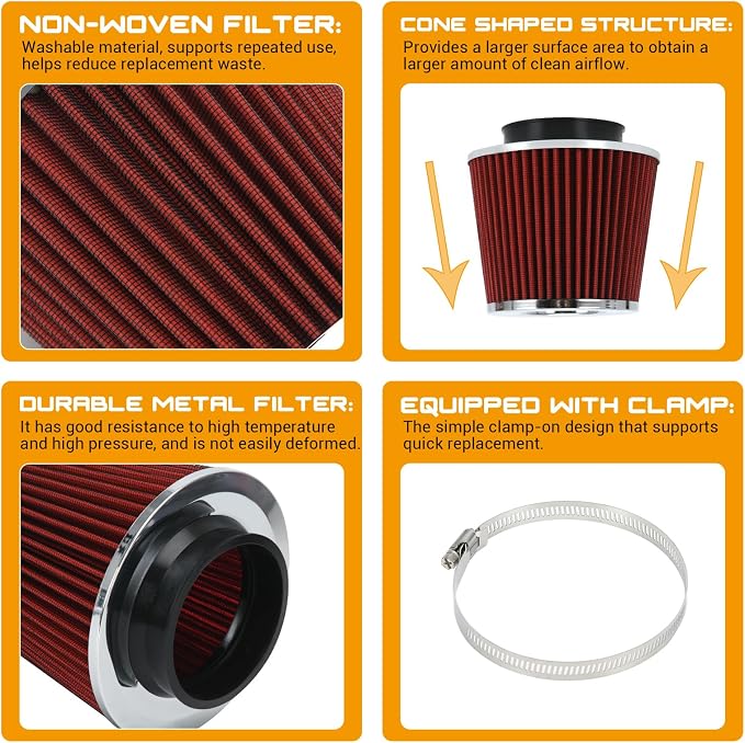 PTNHZ Universal Red 3.5" 89mm High Flow Cold Air Intake Cone Air Filter Power - Image 3