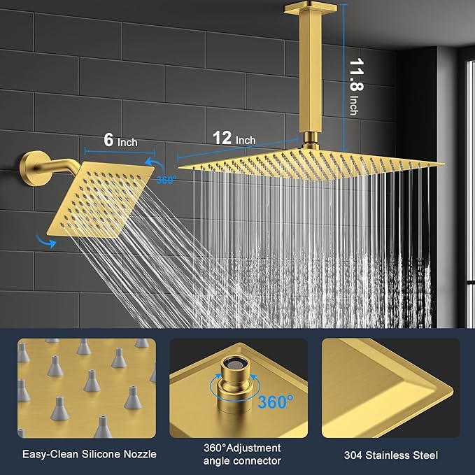 Shower Faucet Set, 3-Setting Push Button Brushed Gold Shower System, 12 Inch Ceiling Mounted Shower Head, 6 Inch Wall Mounted Rain Shower Head with 2 in 1 Handheld Spray, Shower Valve Trim Kit
