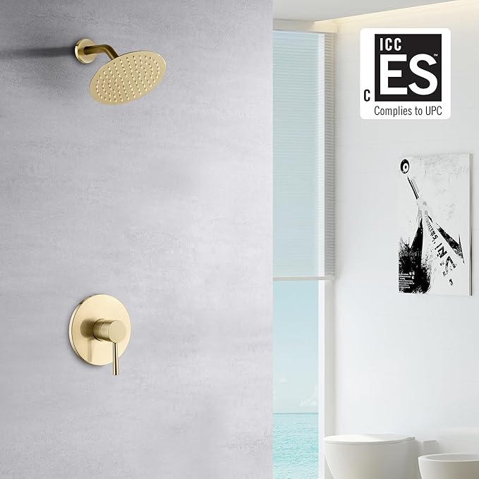 sumerain Brushed Gold Shower Faucet Set with 8 Inches Stainless Steel Rain Shower Head, Solid Brass Rough In Valve