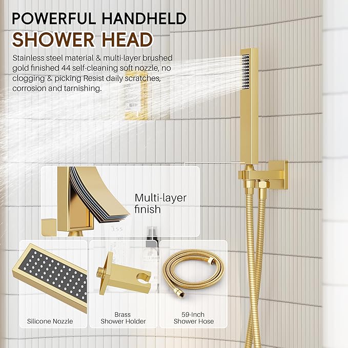 Gold Shower System, Shower Faucet Set with 10" Rain Showerhead and Handheld Combo Spray, Bathroom Wall Mounted High Pressure Shower Combo Set Included Valve and Trim, Brushed Gold