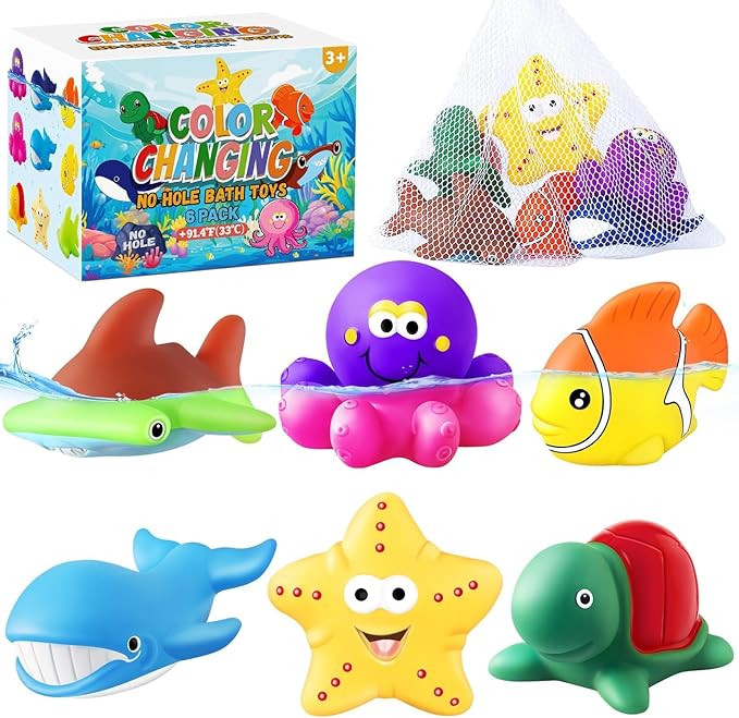 Toddler Stocking Stuffers Color Changing No Hole Bath Toys for Kids Ages 1-3 4-8, Toddler Bath Toys Sea Creatures Christmas Birthday Gifts Pool Bathub Beach Water Toys Sea Animal with Drying Bag