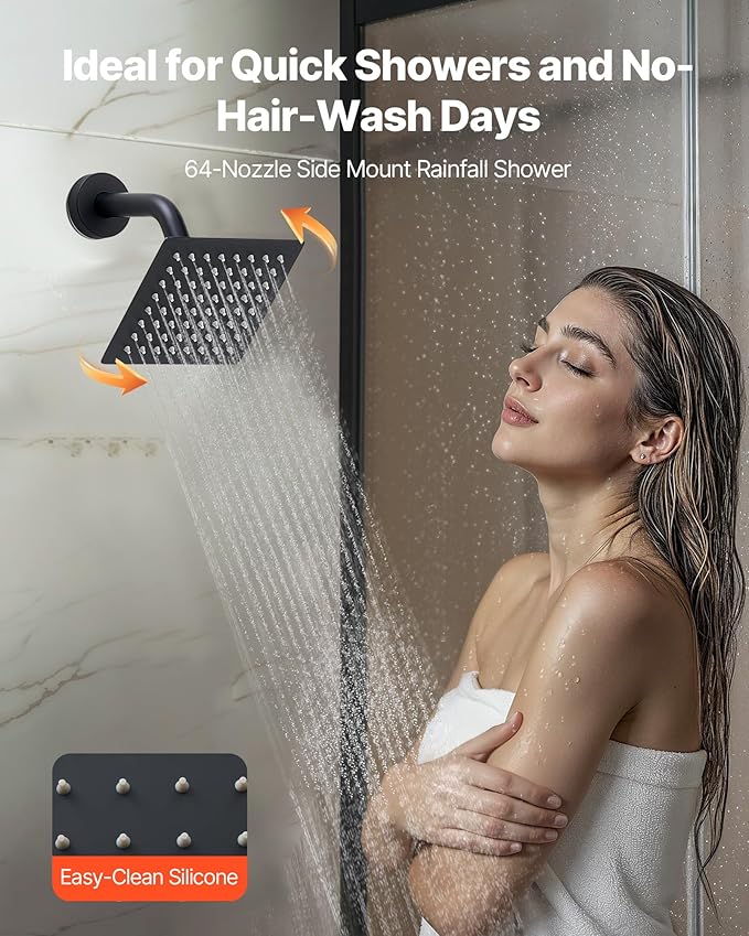 VEVOR Shower Faucet Set, 10 Inch Ceiling Mount Rainfall Shower System with 6 Inch Wall Mount Head and 2 in 1 Handheld Spray, Rotatable 3-Function Dual Rain Head Brass Valve and Trim Kit, Matte Black