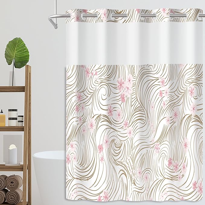 No Hook Shower Curtain Set with Snap in Fabric Liner for Bathroom,with See Through Top Window,Double Shower Curtain with Detachable Liner Replacement,Machine Washable,Pink Floral,71"x 74"