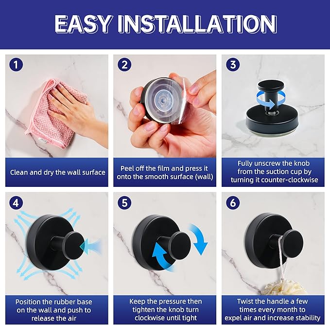 luckin smile Suction Cup Hooks for Shower, No-Drill Removable Towel Hook for Bathrooms, Shower Hooks, Suitable for Bathrooms, Kitchens, Windows, Glass, Powerful Suction Cup Hook (4, Black)