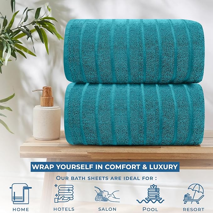 DAN RIVER Pack of 2 Bath Sheet 35x70 Inches, Premium Ribbed Oversized Towels for Adults, Super Soft and Quick Dry - Teal