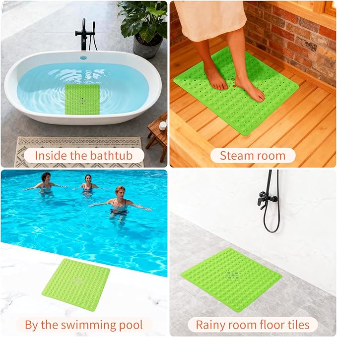 Anti-Slip Bathtub Shower mat, 20.8×20.8（Approximately 53×53cm） inch Soft Oversized Machine Washable Non-Slip Bathtub mat with Drainage Holes, Bathroom Floor Suction Cup.（1-Opaque Pea Green）