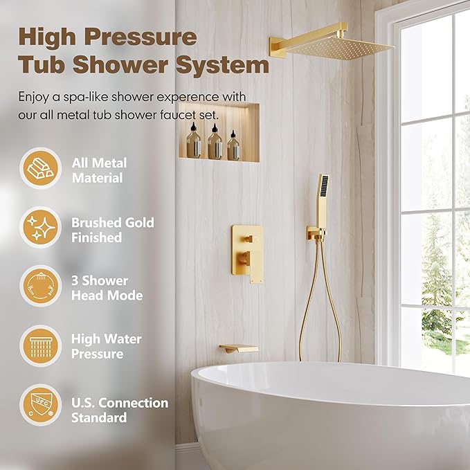 Shower System with Tub Spout, All Metal Tub Shower Faucet Set with 12-Inch Rain Shower Head and Handheld Spray combo, Wall Mounted Shower Combo Set with shower valve and Trim kit,Brushed Gold