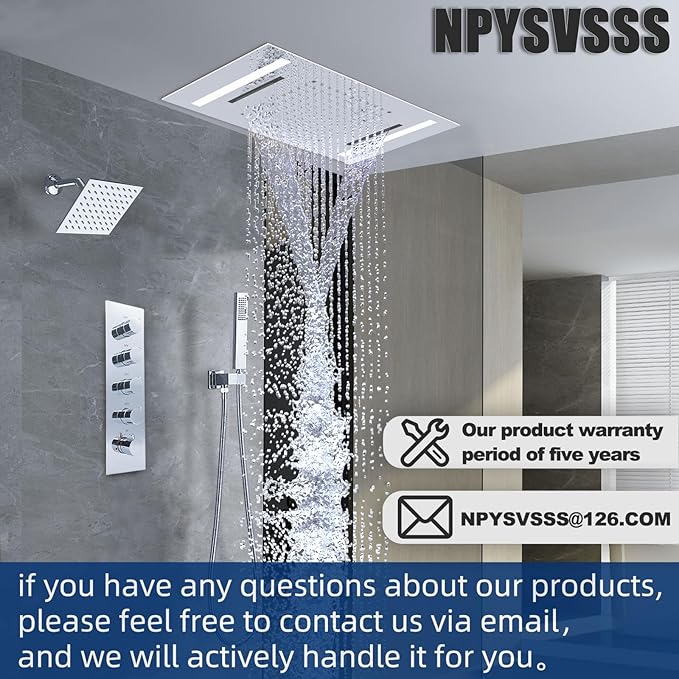 Dual Rain Shower Head Thermostatic Luxury Spa Shower System And Ceiling Mount 14x20 Inch LED 4 Functions with 6 Inch Wall Head Shower Faucet Set,Polished Chrome
