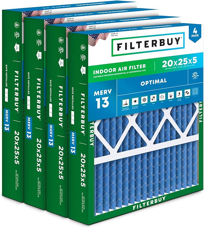 Filterbuy 20x25x5 Air Filter MERV 13 Optimal Smoke & Allergy Defense, Pleated by Filterbuy