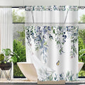 No Hook Shower Curtain and Liner Set, Green Eucalyptus Floral Shower Curtains for Bathroom, Bath Curtain Sets with Snap in Liner, Waterproof with See Through Top Window, 71x84 Inches