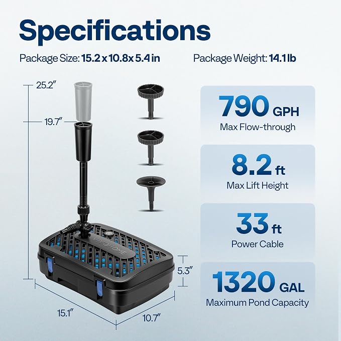 VIVOHOME All-in-One Pond Filter Fountain System Kits, 790 GPH Submersible Water - Image 7