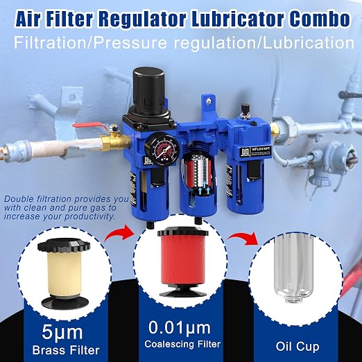 NEWPO 1/2'' NPT Compressed Air Filter Regulator Lubricator Combo - Image 3