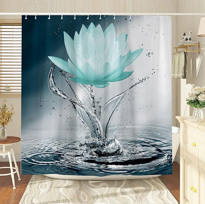 Lotus Shower Curtain Black White Blue Teal Flower Elegant Blooming Floral with Dew Spring Flower Reflection on Water Modern Romantic Polyester Fabric Bathroom Decor 60×70 Inch with Hook