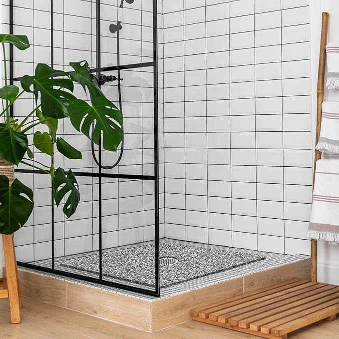 Shower Mat Non Slip,27 x 27 Inch Extra Large Bath Mat with Drain,Soft Square Loofah Shower Stall Mat Bathtub Mat for Bathroom,Without Suction Cups (Black White)
