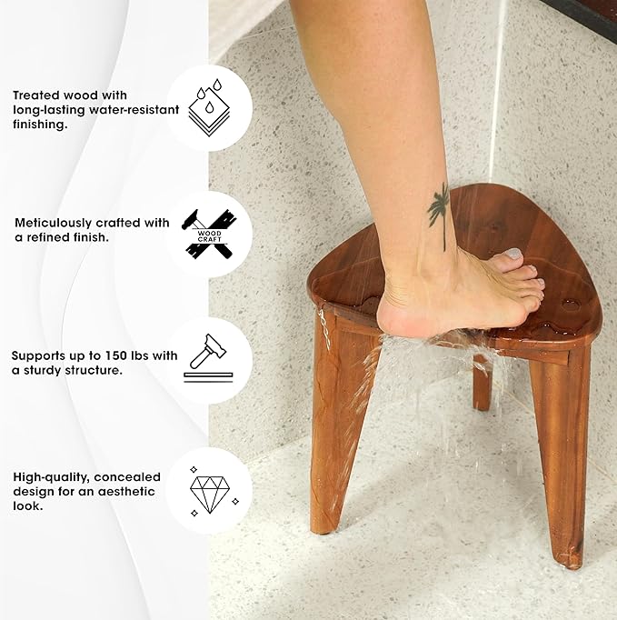HOLANA 12" Corner Shower Foot Rest - Wooden Showers Stool Seat for Shaving Legs - Small Corner Shower Benches for Inside Shower - Waterproof Bath Step Stools Bench for Bathroom (Acacia Wood)