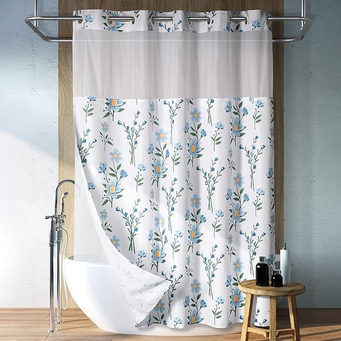 Lagute SnapHook Floral Shower Curtain with Snap-in Liner for Bathroom| No Hook Needed| Mesh Top Window| Machine Washable| Hotel Grade| 71Wx74L，Blue Bouquet
