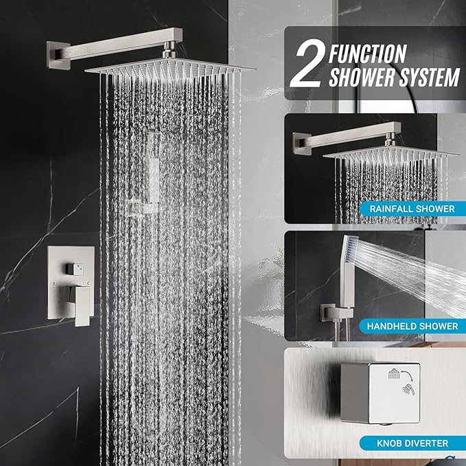 Shower Faucet Set with Shower Head, Wall Mount 10 Inch Square Rainfall Shower Head and Handle Set Single Handle Shower System Set with Female Threads Valve Body and Trim Included(Brush Nickel)