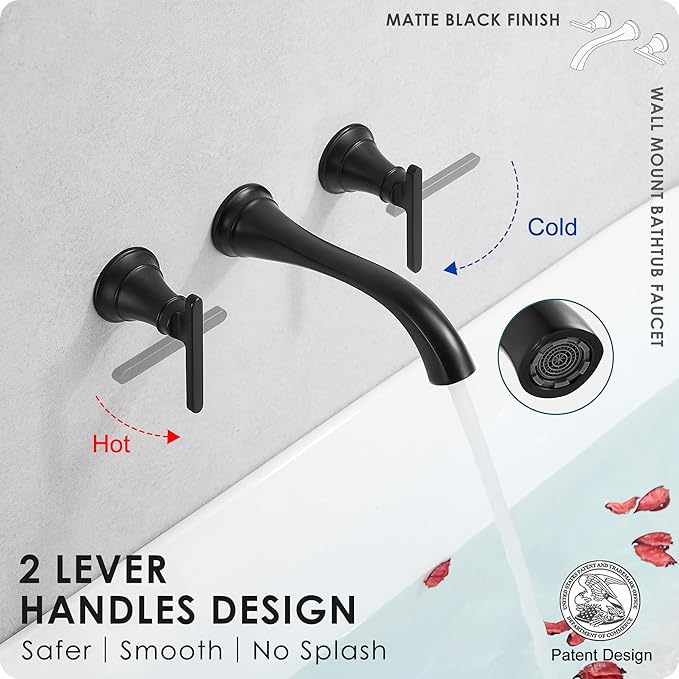 Brass Tub Filler Wall Mount 3 Hole, Farmhouse Black Tub Faucet, High Pressure 2 Handle Matte Black Bathtub Faucet Set with Long Spout Reach, Rough-in Valve