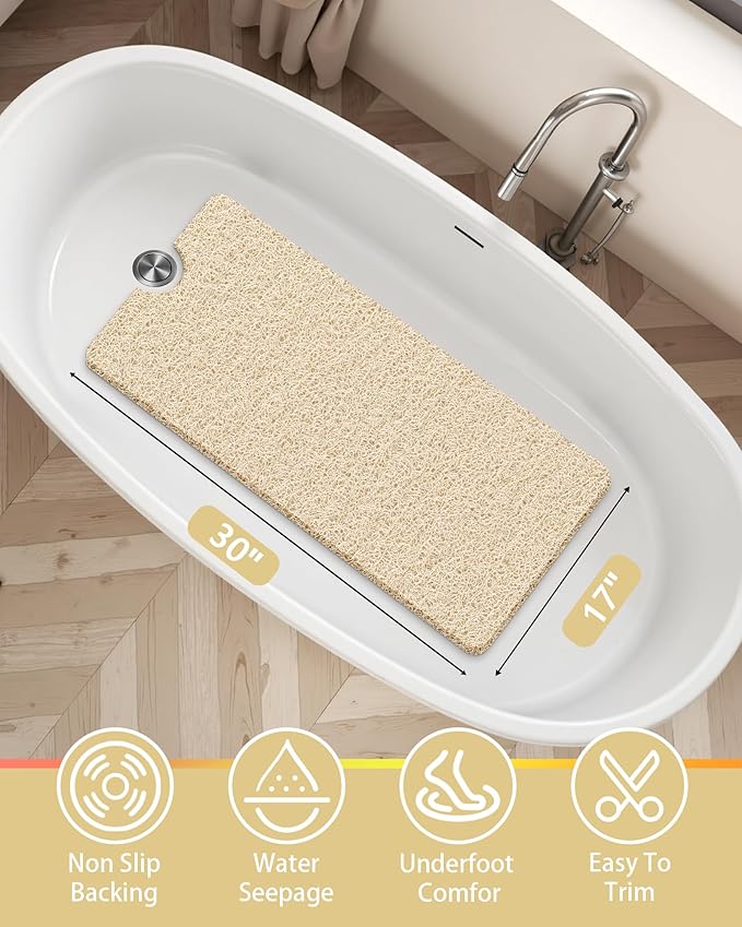Non Slip Shower Mats for Inside Shower, 17x30 Inch, Anti-Slip Bathtub Mats for Bathroom, Foot Scrubber Loofah Bath Mats for Shower, Quick Drying Shower Stall Mats for Wet Areas (Beige)