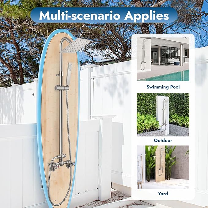 Wall Mounted Outdoor Shower Set Brushed Nickel 6 Inch Square Rainfall Shower Head with Hand Held Spray Double Cross Handles with Adjustable Slide Bar Exterior Dual Function Shower Kit